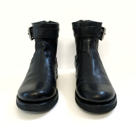 FRYE Veronica black leather silver buckle top detail flat short ankle boots - Picture 4 of 11